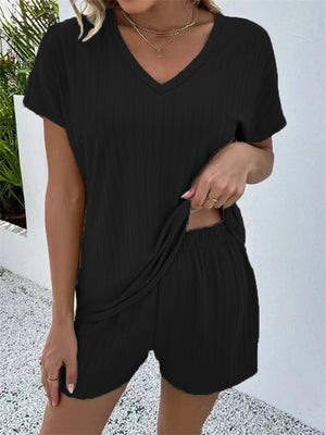 Female Casual Striped V-neck Short Sleeve Shirt Shorts Sets
