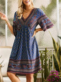 Ladies Ethnic Style Print V-Neck Knee-Length Dresses