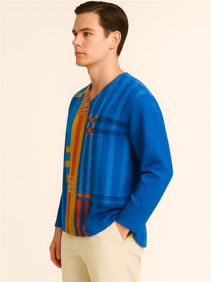 Men's Trendy Contrast Color Striped V Neck Long Sleeve Shirts