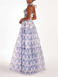 Blue Floral Print Organza Princess Dress