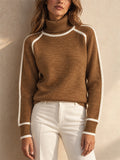 Women Turtleneck Knit Contrast Trim Long Sleeve Pullover Sweater