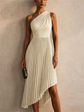 Women White One Shoulder Pleated Asymmetric Cocktail Dress