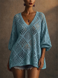 Women V Neck Crochet Knit Sweater Hollow Out Boho Beach Top