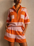 Womens Striped Quarter Zip Polo Shorts 2 Piece Lounge Set