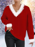 ‌Women's  V Neck Pullover Faux Fur Trim Sweater‌s