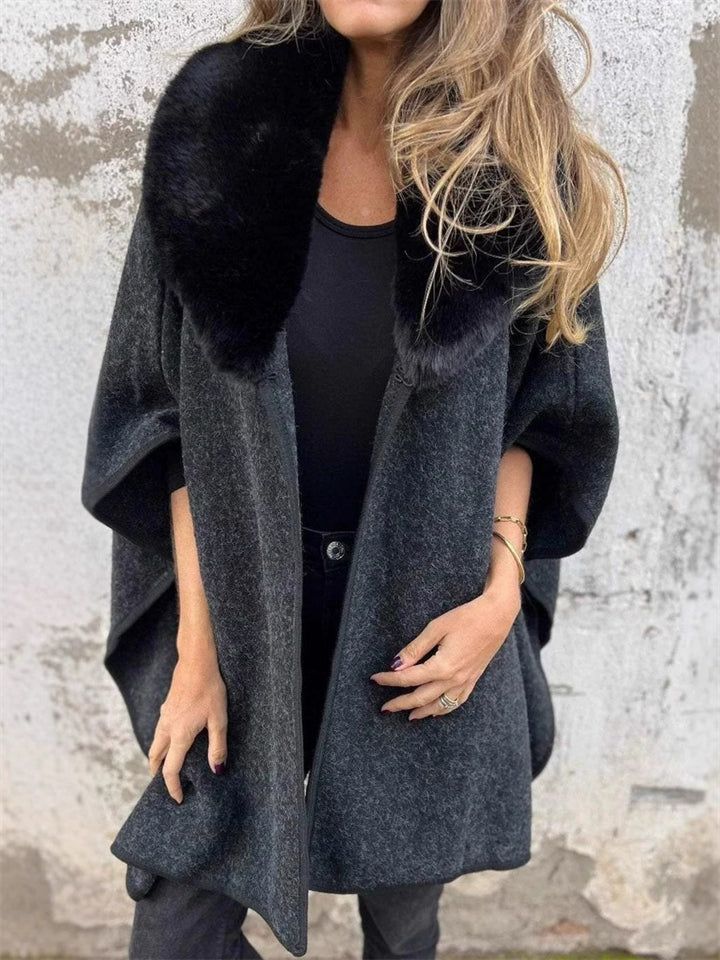 Ladies Autumn Loose Long-sleeved Faux Fur Collar Cloak Coats