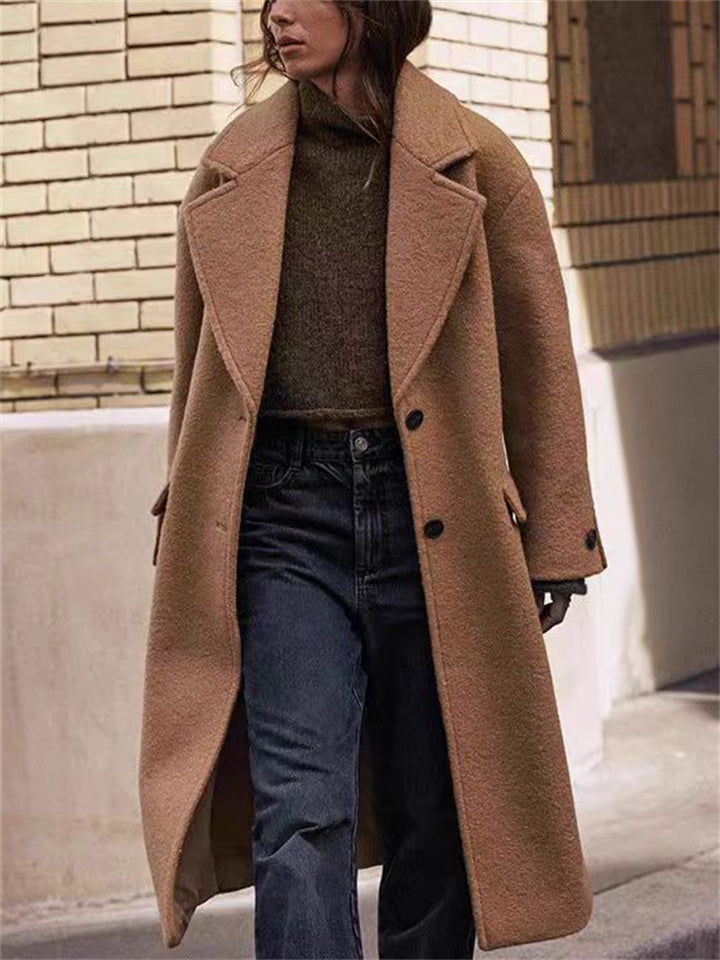 Women's Solid Color Single Breasted Lapel Loose Long Sleeve Coat