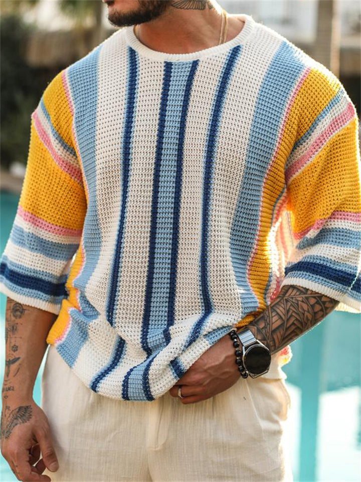 Men's Contrast Color Striped Crew Neck Half Sleeve Knitted Sweater