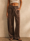 Womens Trendy Velvet High Waisted Wide Leg Cargo Pants