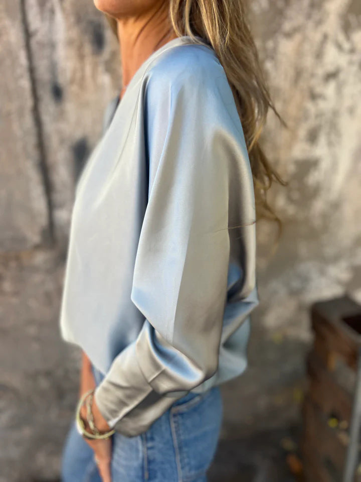 Ladies' Elegant Solid Color V Neck Satin Long Sleeve Blouses