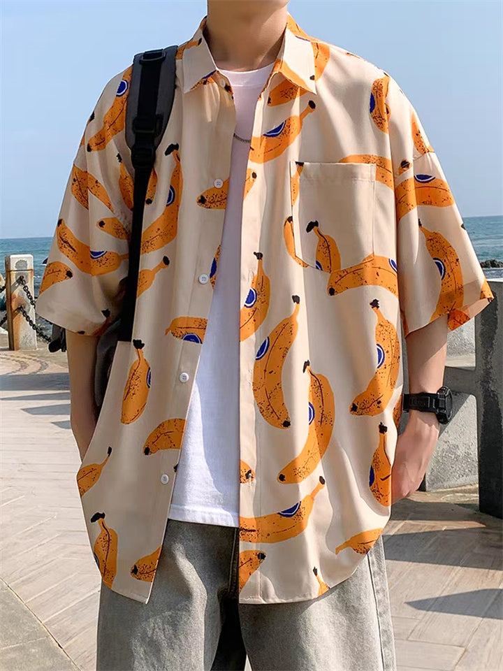 Unisex Hawaii Style Cartoon Printed Button Up Half Sleeve Beach Shirts