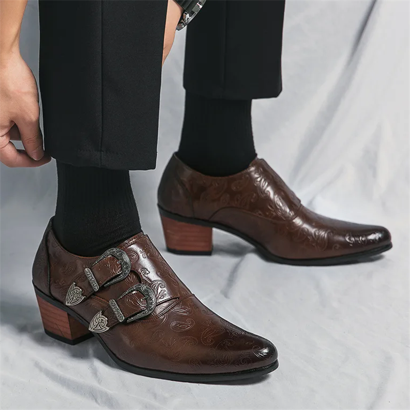 Men's Vintage Paisley Pattern Metal Buckle Chunky Heel Dress Shoes