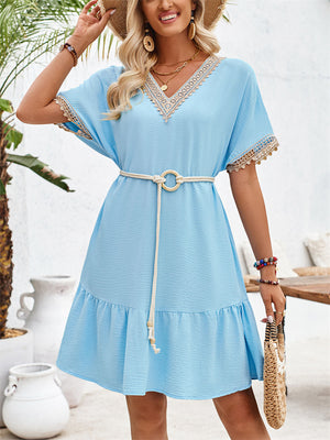 Women's Bohemian Lace V Neck Short Sleeve Ruffled Dress with Waistband