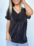 Women's Solid Color Striped V Neck Casual Short Sleeve Shirts