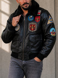 Men Leather Patches Flight Bomber Coat with Faux Fur Collar