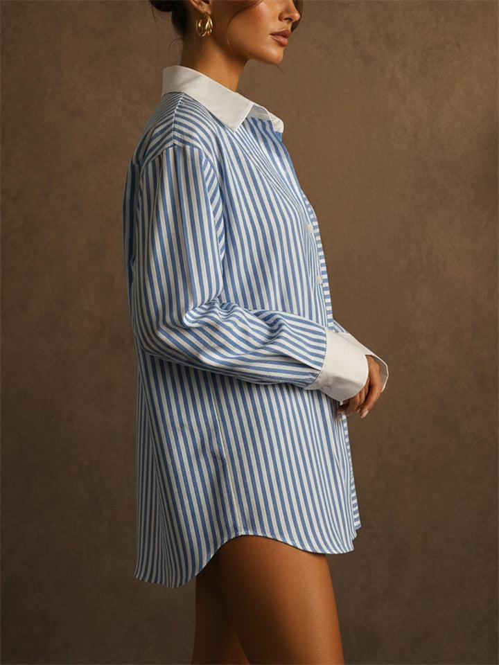 Women Blue Striped Oversized Button Down Contrast Shirts
