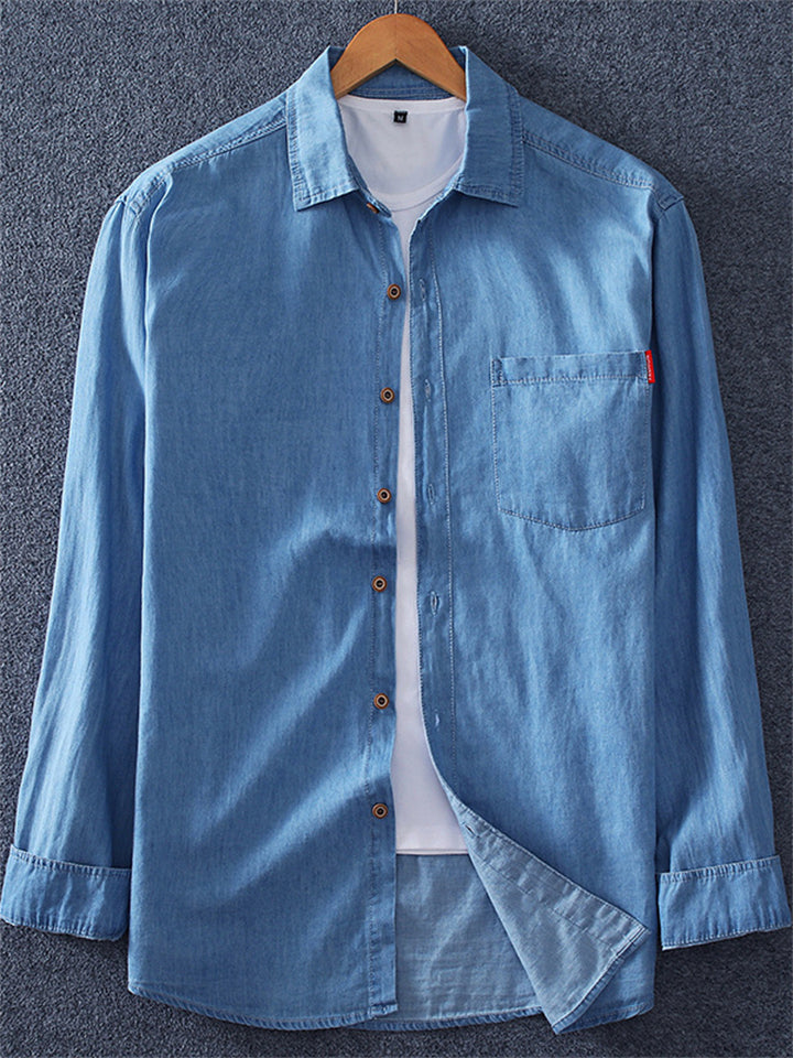 Plus Size Men's Casual Cotton Solid Color Pocket Denim Shirt