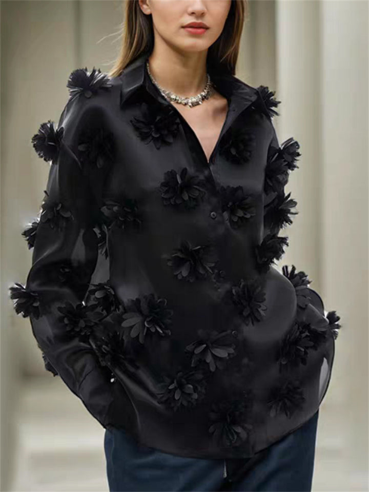 Fashion Women's Black 3D flower Lapel Long Sleeve Blouses