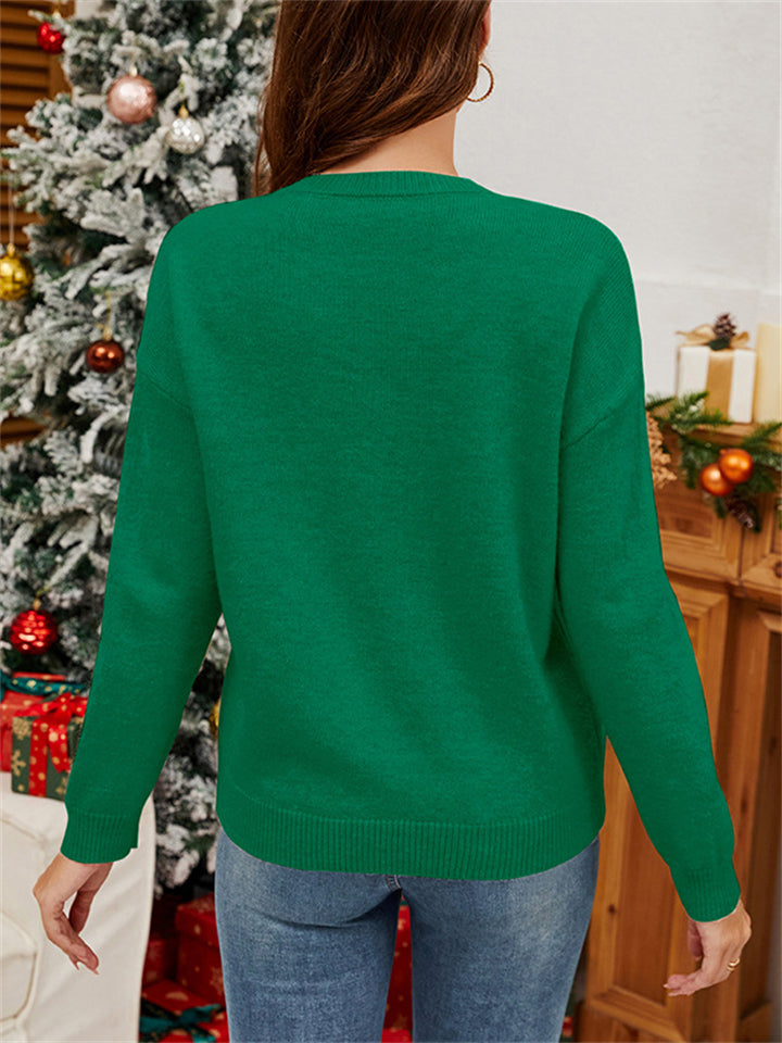 Women's Candy Cane Bow Sequined Pullover Long Sleeve Christmas Sweaters