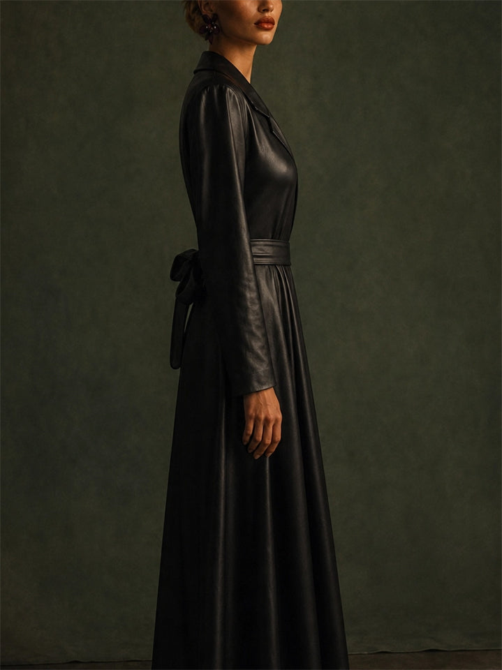 Women Faux Leather Long Sleeve Belted Maxi A-Line Dress