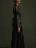 Women Faux Leather Long Sleeve Belted Maxi A-Line Dress