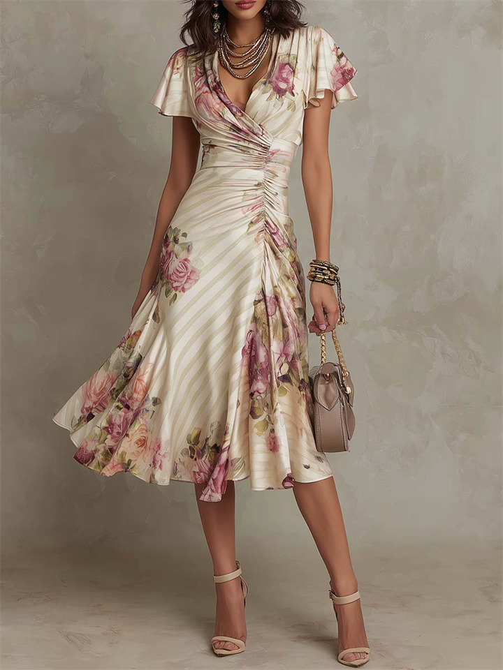 Women Floral Satin Ruched V Neck Short Sleeve Cocktail Dress
