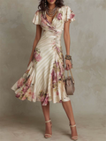 Women Floral Satin Ruched V Neck Short Sleeve Cocktail Dress