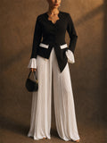 Women 2 Piece White Ruffle Blazer and Pleated Wide Leg Pants Set