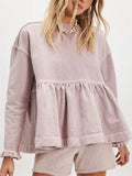 Women's Solid Color Round Neck Ruffled Hem Long Sleeve Sweatshirts