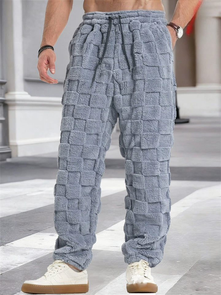 Men's Loose Fit Plaid Fleece Warm Winter Straight Leg Trousers