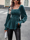 Ladies Puff Long Sleeve Square-neck Velvet Shirt