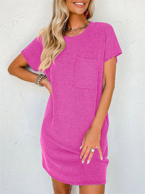 Summer Casual Round Neck Chest Pocket Mini Striped Dress for Lady