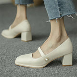 Vintage Square Toe Pearl Chunky Heels Mary Jane Shoes