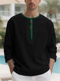 Men's Contrast Trim Cotton Linen Casual Long-sleeved Henry Shirts