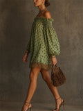 Women's Lantern Sleeve Polka Dot Off Shoulder Lace Trim Mini Dress