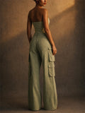 Women Green Denim Tube Top Wide Leg Cargo Jumpsuit