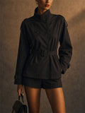 Women Double Breasted Short Trench Coat Belted Jacket
