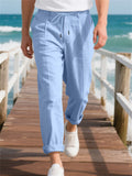 Men's Casual Linen Solid Color Drawstring Straight Trousers