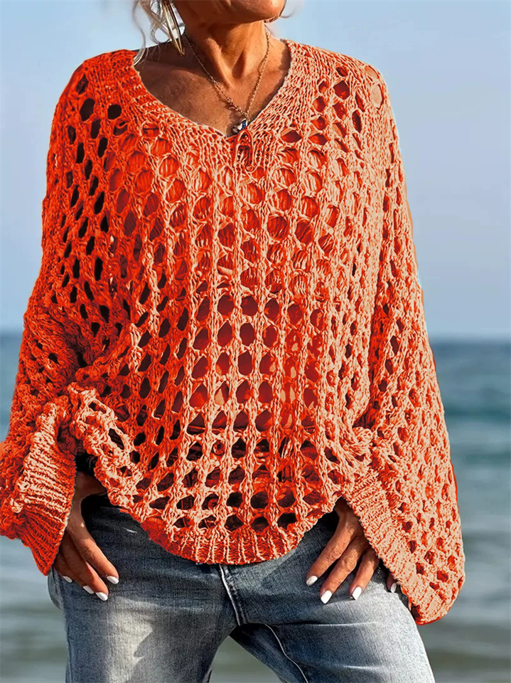 Plus Size Women's Loose Casual Solid Color Hollow Long-sleeved Sweaters