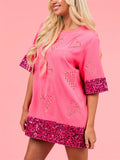 Women's Heart Print Sequins Casual Pink Shirt