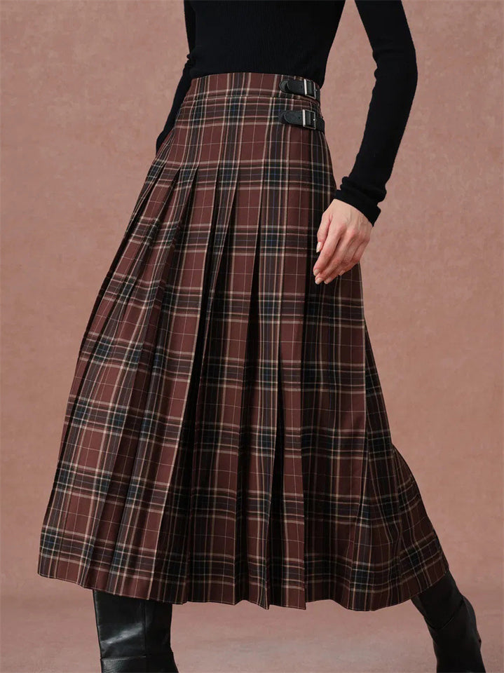 Vintage Autumn Plaid High Waist Pleated Skirt for Women