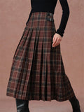 Vintage Autumn Plaid High Waist Pleated Skirt for Women