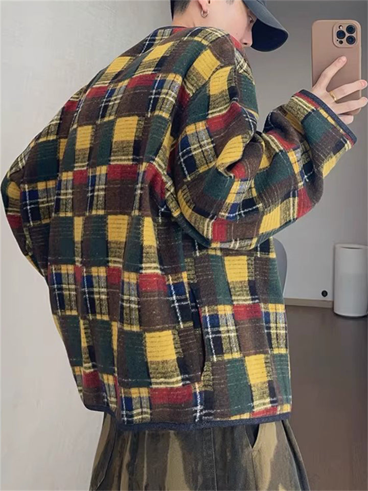 Men's Vintage Checkered Jacquard Spring Collarless Loose Fit Outerwear