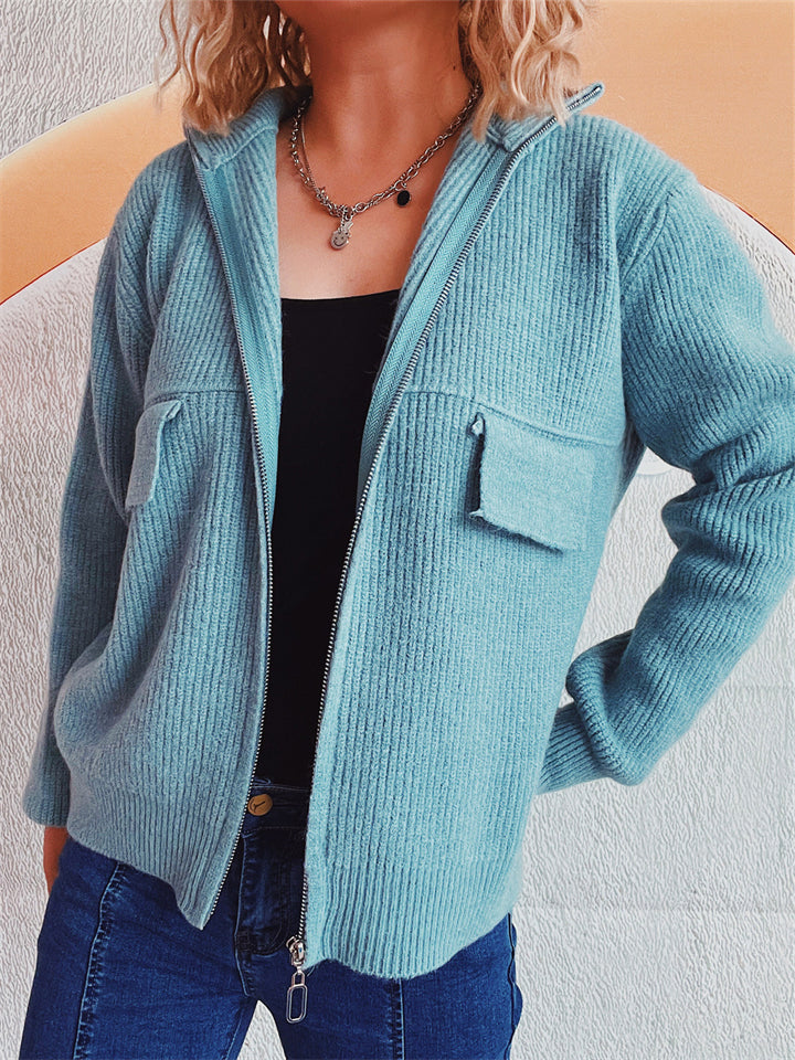 Women's Solid Color Zip Up High Neck Faux Pockets Cardigan Sweater