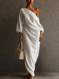 Women's Chic Elegant One Shoulder Maxi Dress with Bubble Sleeve