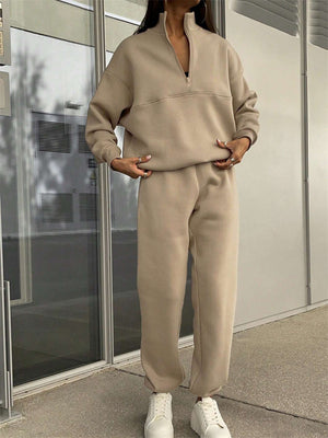 Women's Casual Solid Color Zip Up Pullover Sweatshirts & Sweatpants Outfit