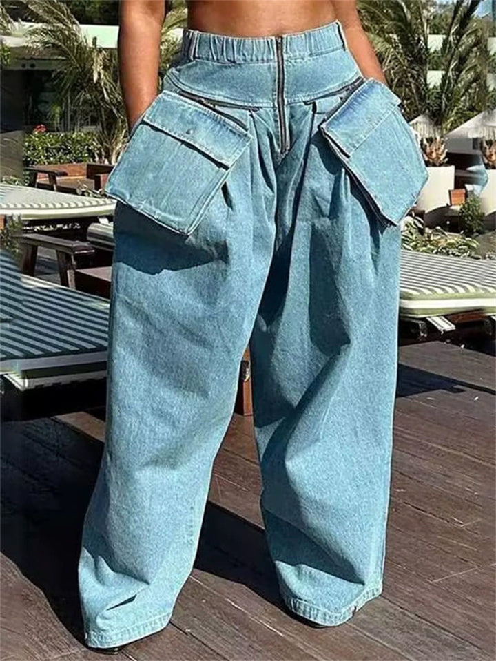 Fashion Pockets Wide Leg Distressed Denim Pants for Women