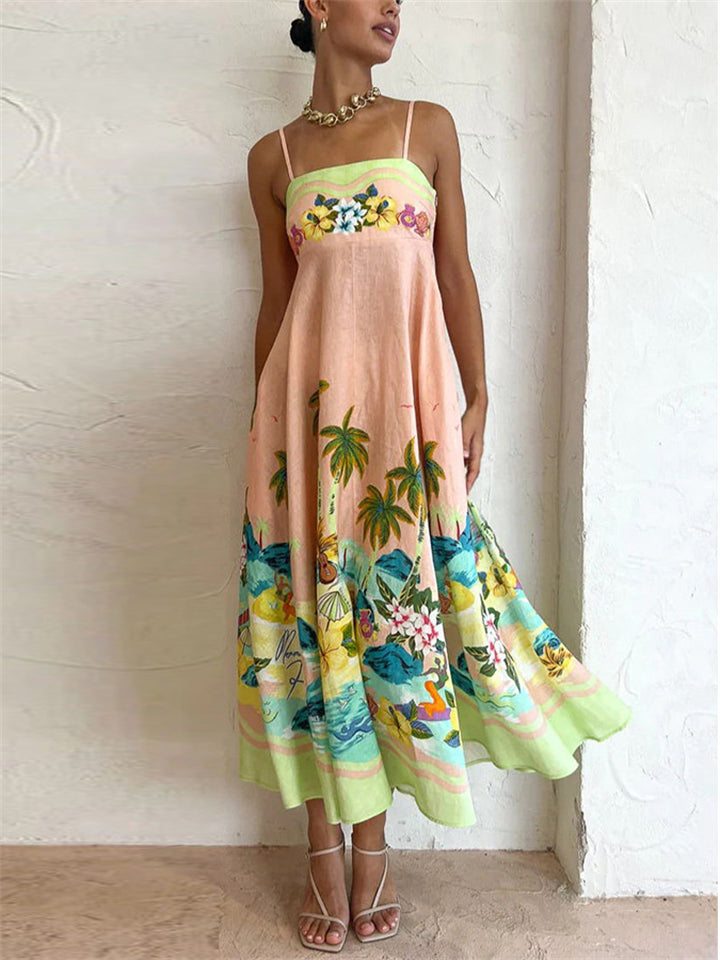 Summer Floral Coconut Tree Print High Waist Vacation Dress for Lady