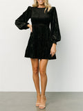 Women's Elegant Velvet Ruffle Round Neck Balloon Sleeve Dress