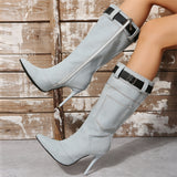Women's Pointed Toe Belt Buckle Zipper Denim High Heel Boots